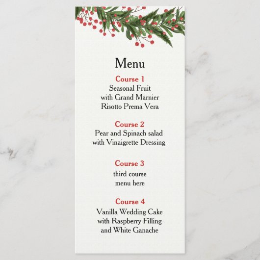 Rustic Holly Winter Kerstbruiloft Menu (Voorkant)