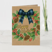 Rustic Holly Wreath Blue Black Checkered Bow Folie Feestdagenkaart (Voorkant)