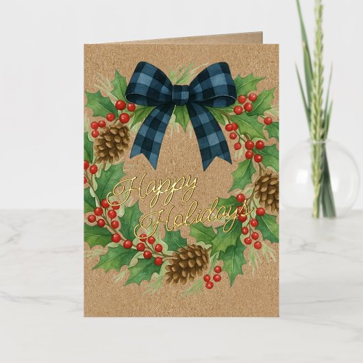 Rustic Holly Wreath Blue Black Checkered Bow Folie Feestdagenkaart (Voorkant)