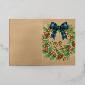 Rustic Holly Wreath Blue Black Checkered Bow Folie Feestdagenkaart (Buiten Laag)