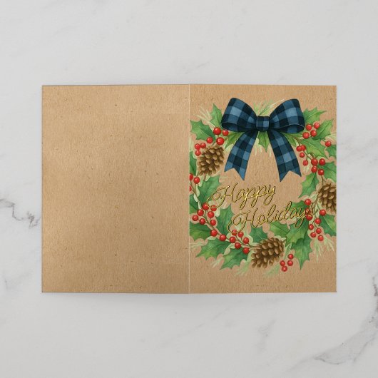 Rustic Holly Wreath Blue Black Checkered Bow Folie Feestdagenkaart (Buiten Laag)