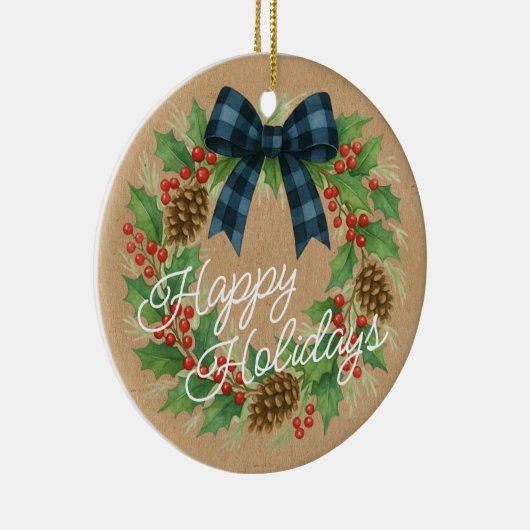 Rustic Holly Wreath Blue Black Checkered Bow Keramisch Ornament (Rechts)