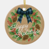 Rustic Holly Wreath Blue Black Checkered Bow Keramisch Ornament (Voorkant)