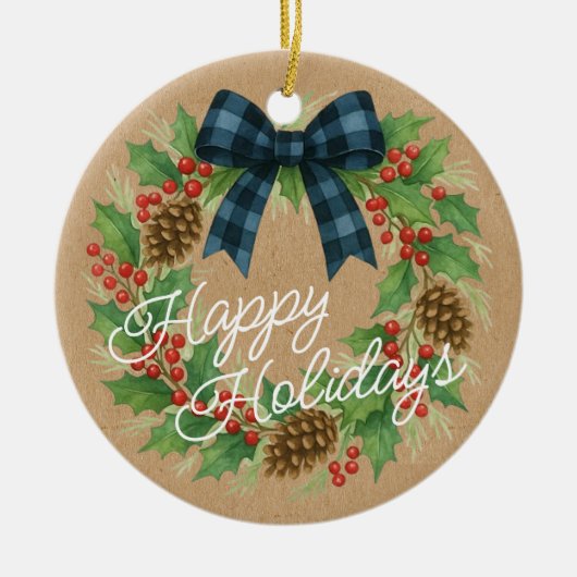 Rustic Holly Wreath Blue Black Checkered Bow Keramisch Ornament (Voorkant)