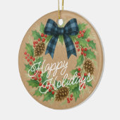 Rustic Holly Wreath Blue Black Checkered Bow Keramisch Ornament (Links)