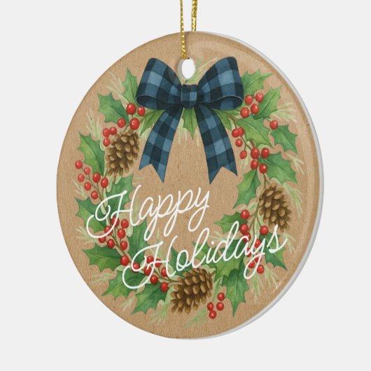 Rustic Holly Wreath Blue Black Checkered Bow Keramisch Ornament (Links)