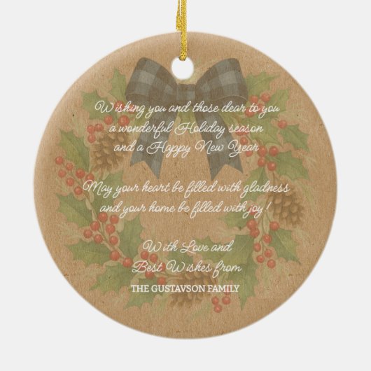 Rustic Holly Wreath Blue Black Checkered Bow Keramisch Ornament (Achterkant)