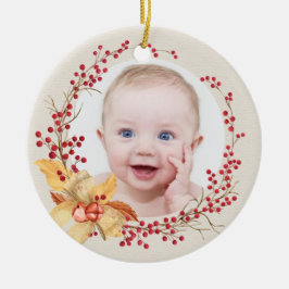 Rustic Holly Wreath Photo Baby's eerste Kerstmis Keramisch Ornament
