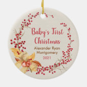 Rustic Holly Wreath Photo Baby's eerste Kerstmis Keramisch Ornament (Achterkant)