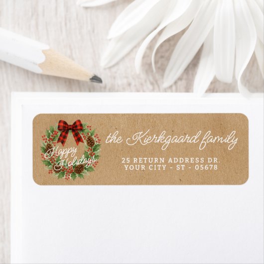 Rustic Holly Wreath Red Black Checkered Bow Etiket (Insitu)