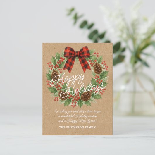 Rustic Holly Wreath Red Black Checkered Bow Feestdagenkaart (Staand voorkant)