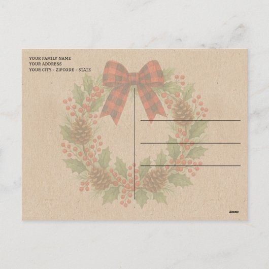 Rustic Holly Wreath Red Black Checkered Bow Feestdagenkaart (Achterkant)