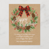 Rustic Holly Wreath Red Black Checkered Bow Feestdagenkaart (Voorkant)