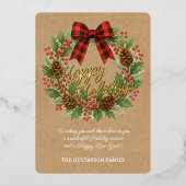 Rustic Holly Wreath Red Black Checkered Bow Gold Folie Feestdagenkaart (Voorkant)