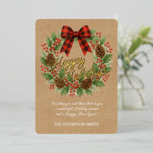 Rustic Holly Wreath Red Black Checkered Bow Gold Folie Feestdagenkaart (Staand Voorkant)