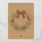 Rustic Holly Wreath Red Black Checkered Bow Gold Folie Feestdagenkaart (Achterkant)