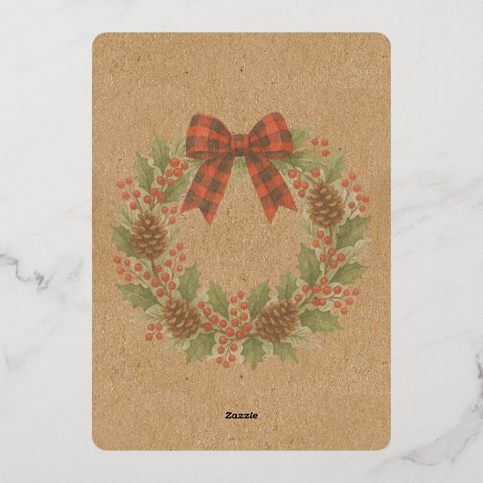 Rustic Holly Wreath Red Black Checkered Bow Gold Folie Feestdagenkaart (Achterkant)
