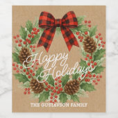 Rustic Holly Wreath Red Black Checkered Bow Wijn Etiket (Enkel label)