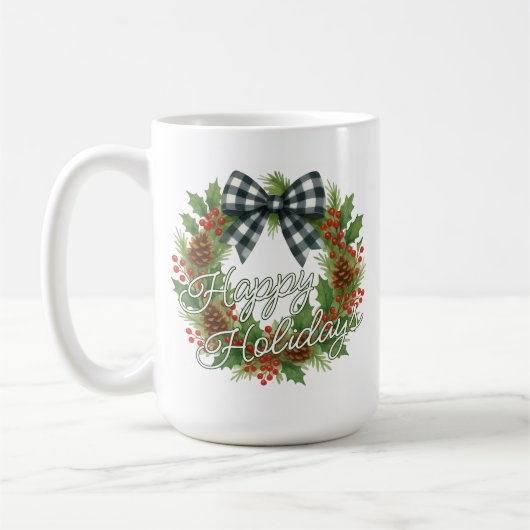 Rustic Holly Wreath White Black Checkered Bow Koffiemok (Links)