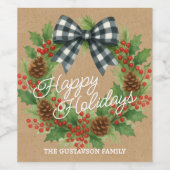 Rustic Holly Wreath White Black Checkered Bow Wijn Etiket (Enkel label)