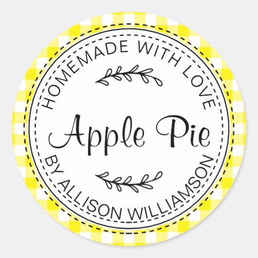 Rustic Homemade Apple Pie Bright Yellow Check Ronde Sticker (Voorkant)