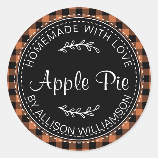 Rustic Homemade Apple Pie Oranje cheque Ronde Sticker (Voorkant)
