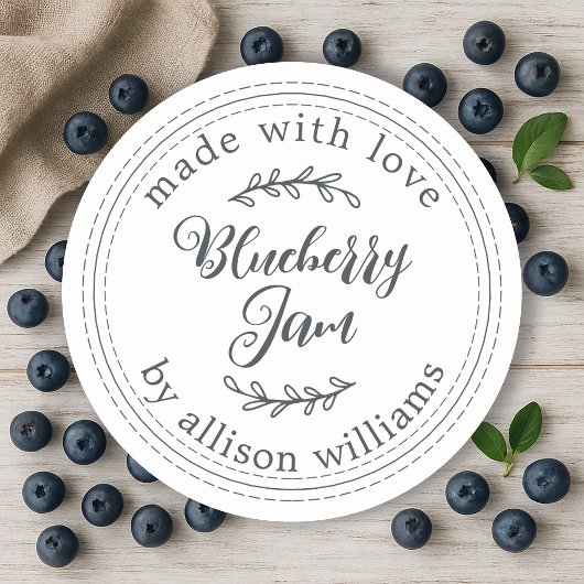 Rustic Homemade Blueberry Jam Canning Black White Ronde Sticker