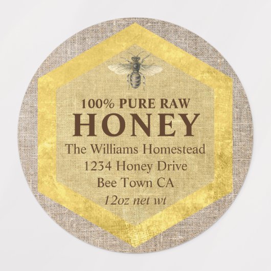 Rustic Honey Jar Label Honey Bee & Apiary Name (Design 2)
