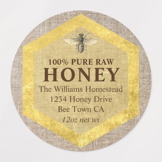 Rustic Honey Jar Label Honey Bee & Apiary Name (Design 1)