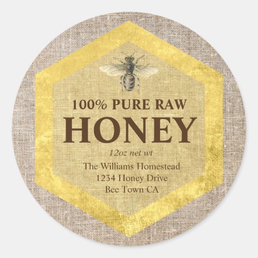Rustic Honey Jar Label Honey Bee & Apiary Name (Voorkant)