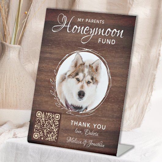 Rustic Honeymoon Fund Custom Dog Photo Pet Wedding Reclamebord Met Voetstuk