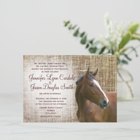 Rustic Horse Burlap print Wedding Invitations Kaart (Staand voorkant)