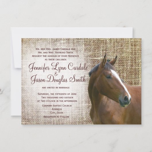 Rustic Horse Burlap print Wedding Invitations Kaart (Voorkant)