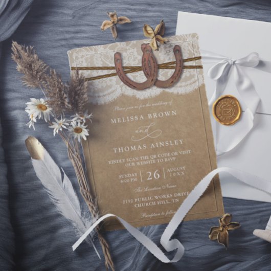 Rustic Horseshoe On Kraft & Lace QR Code Wedding Kaart