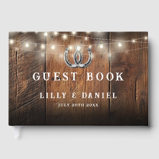 Rustic Horseshoes String Lights Barn Wood Wedding Gastenboek (Voorkant)