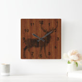 Rustic Hot Branded Deer Afbeelding in hout Vierkante Klok (Huis)