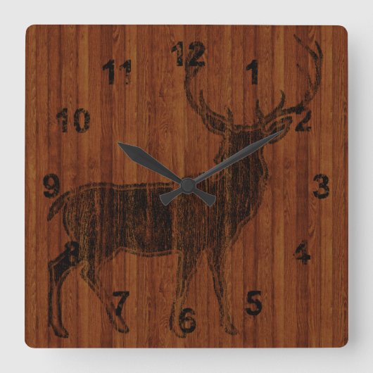 Rustic Hot Branded Deer Afbeelding in hout Vierkante Klok (Voorkant)