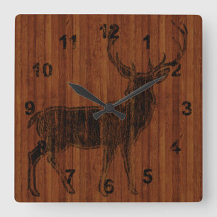 Rustic Hot Branded Deer Afbeelding in hout Vierkante Klok