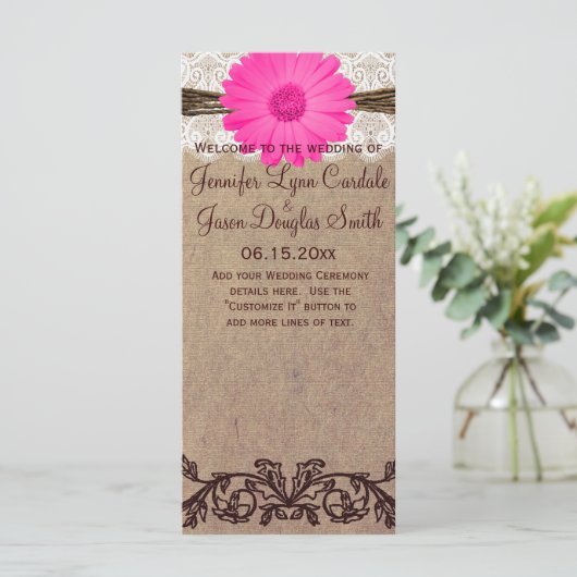 Rustic Hot Pink Gerber Daisy Wedding Program Programmakaart (Staand voorkant)