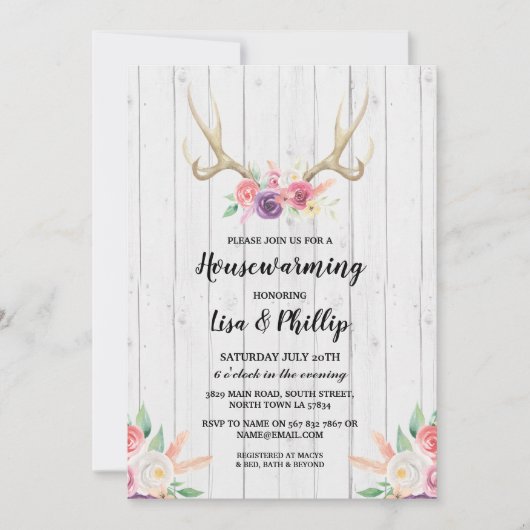 Rustic Housewarming Party Antler Floral Invite Kaart (Voorkant)