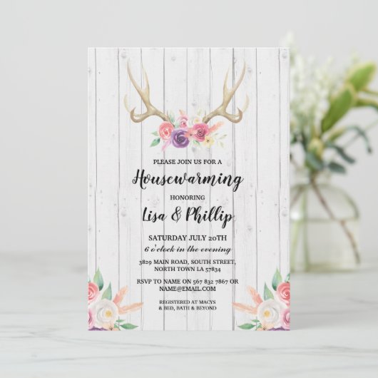 Rustic Housewarming Party Antler Floral Invite Kaart (Staand voorkant)