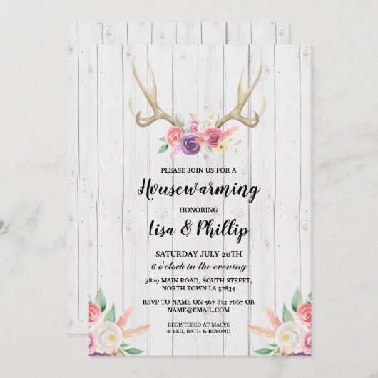 Rustic Housewarming Party Antler Floral Invite Kaart (Voorkant / Achterkant)