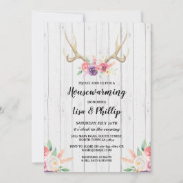 Rustic Housewarming Party Antler Floral Invite Kaart