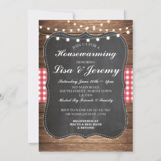 Rustic Housewarming Red Gingham Chalk Invite Kaart (Voorkant)