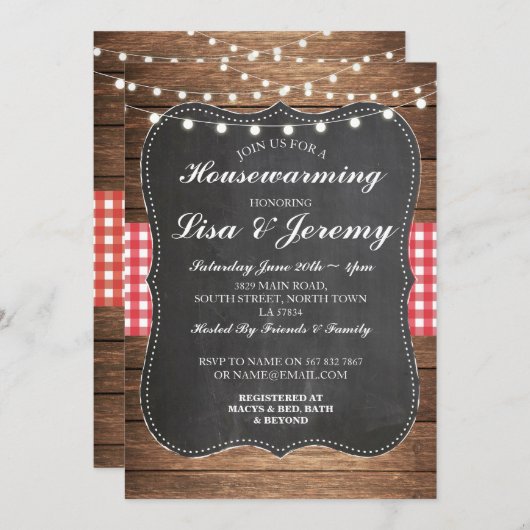 Rustic Housewarming Red Gingham Chalk Invite Kaart (Voorkant / Achterkant)