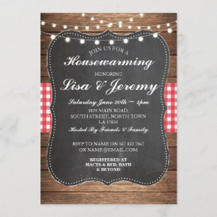 Rustic Housewarming Red Gingham Chalk Invite Kaart