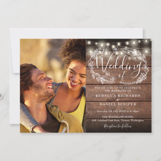 Rustic Hout 2 Foto Slingerlichten Script Bruiloft Kaart (Voorkant)