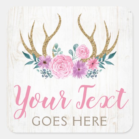 Rustic Hout & Aquarel Bloemengewei Jachthoorns Boe Vierkante Sticker (Voorkant)