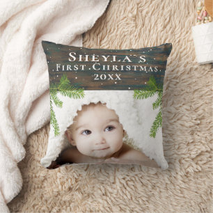 Rustic Hout Baby`s Eerste Kerstmis Foto Kussen