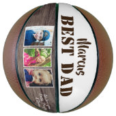 Rustic Hout Beste Papa 3 Foto Collage Vaderdag Basketbal (Verticaal)